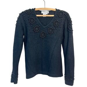 Vtg Lambswool Angora Rabbit OUTLANDER‎ Sweater Beaded 80s Black wool Petite
